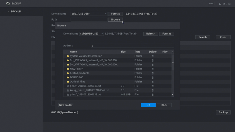 seleziona la cartella per eseguire il Backup dei file Video su un NVR Dahua